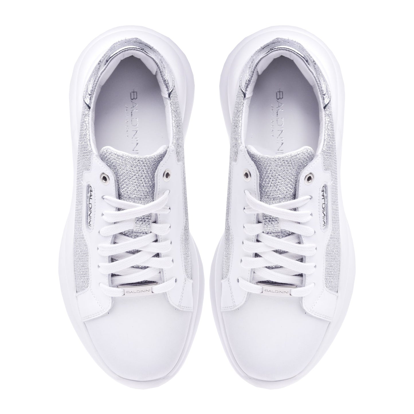 Sneakers in pelle di vitello e tessuto argento