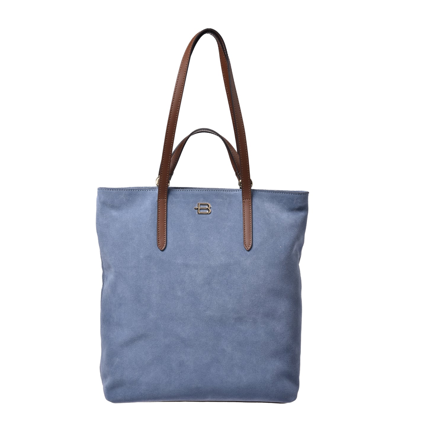 Borsa shopping in suede avio e pelle marrone