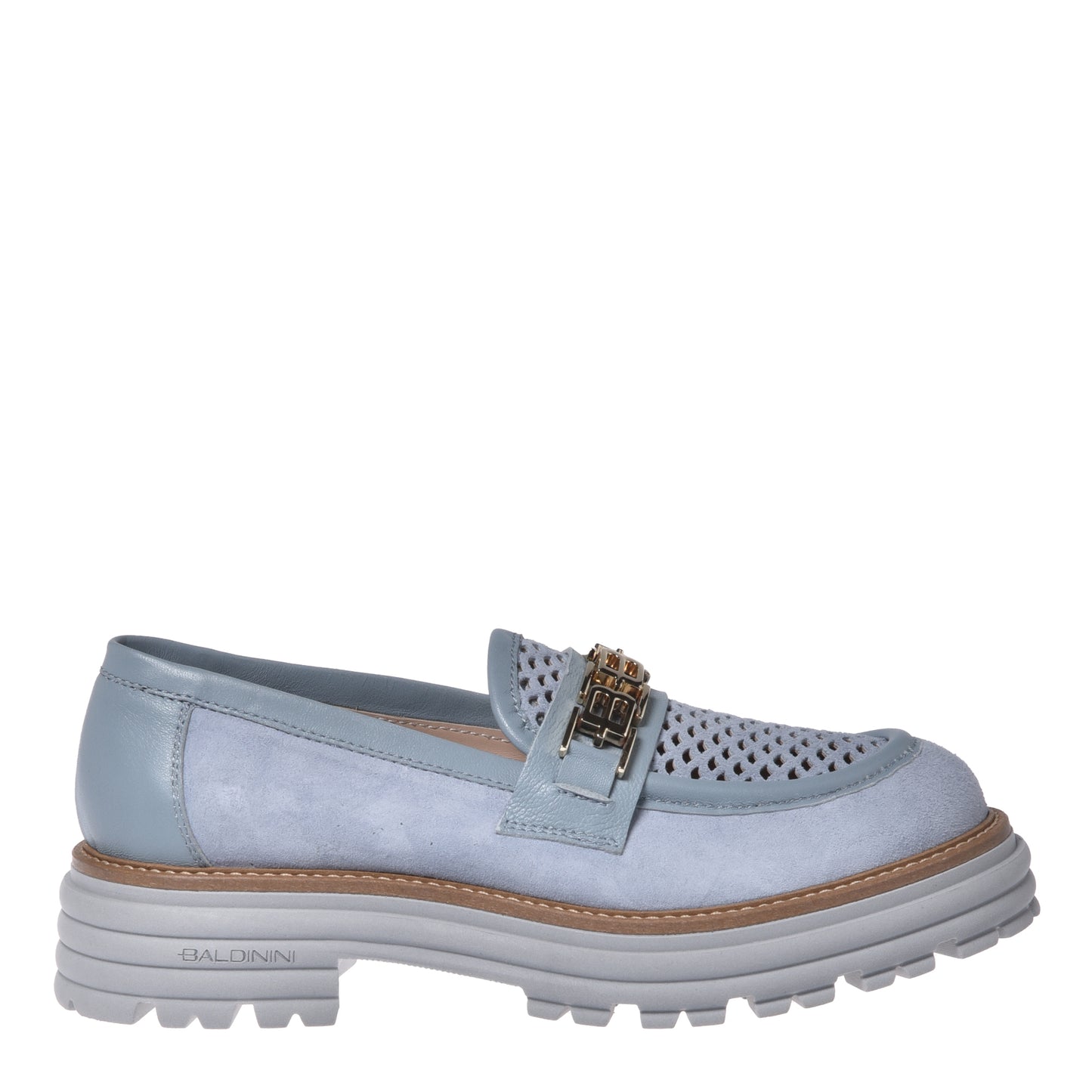 Mocassino in camoscio grigio chiaro e camoscio traforato