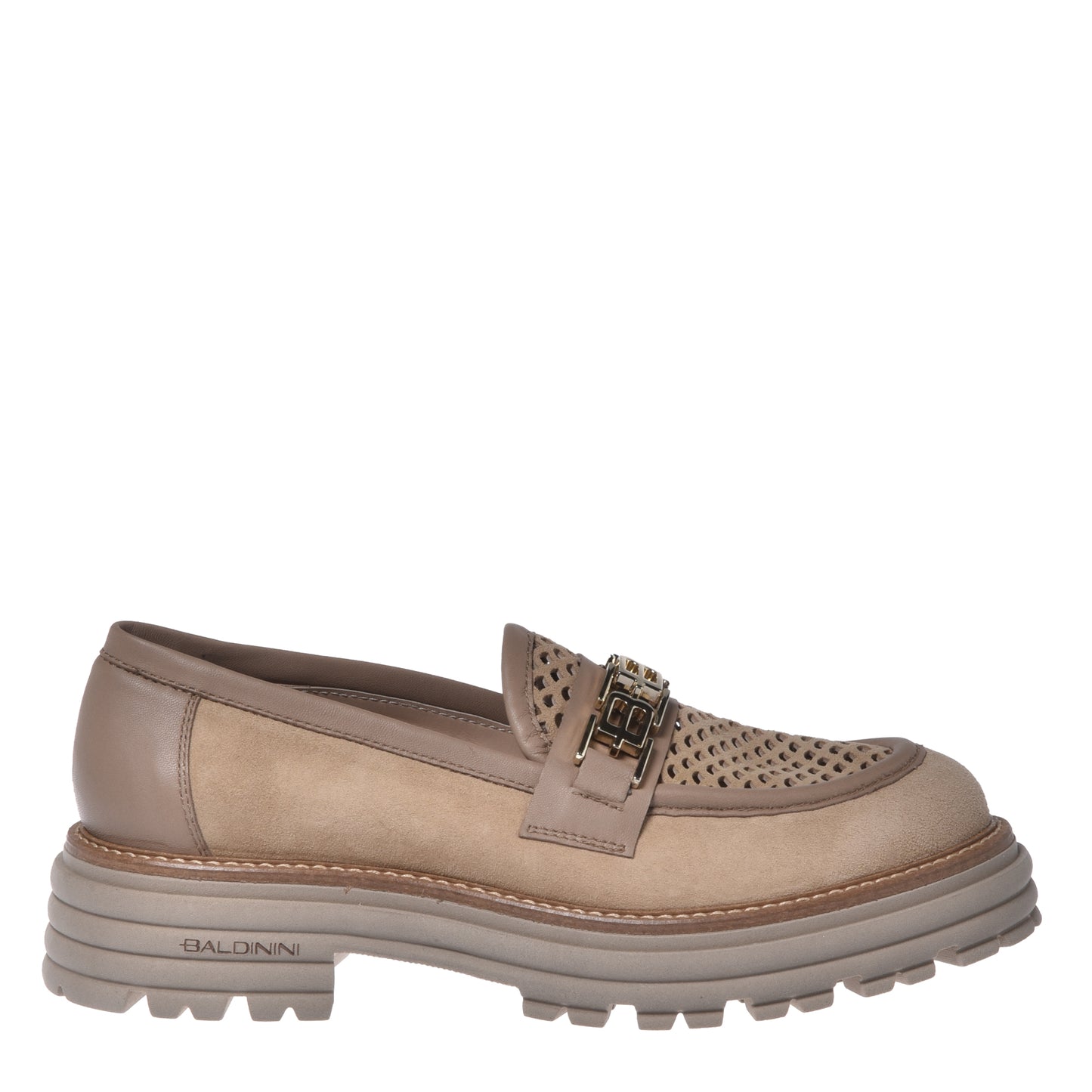 Mocassino in camoscio beige e camoscio traforato