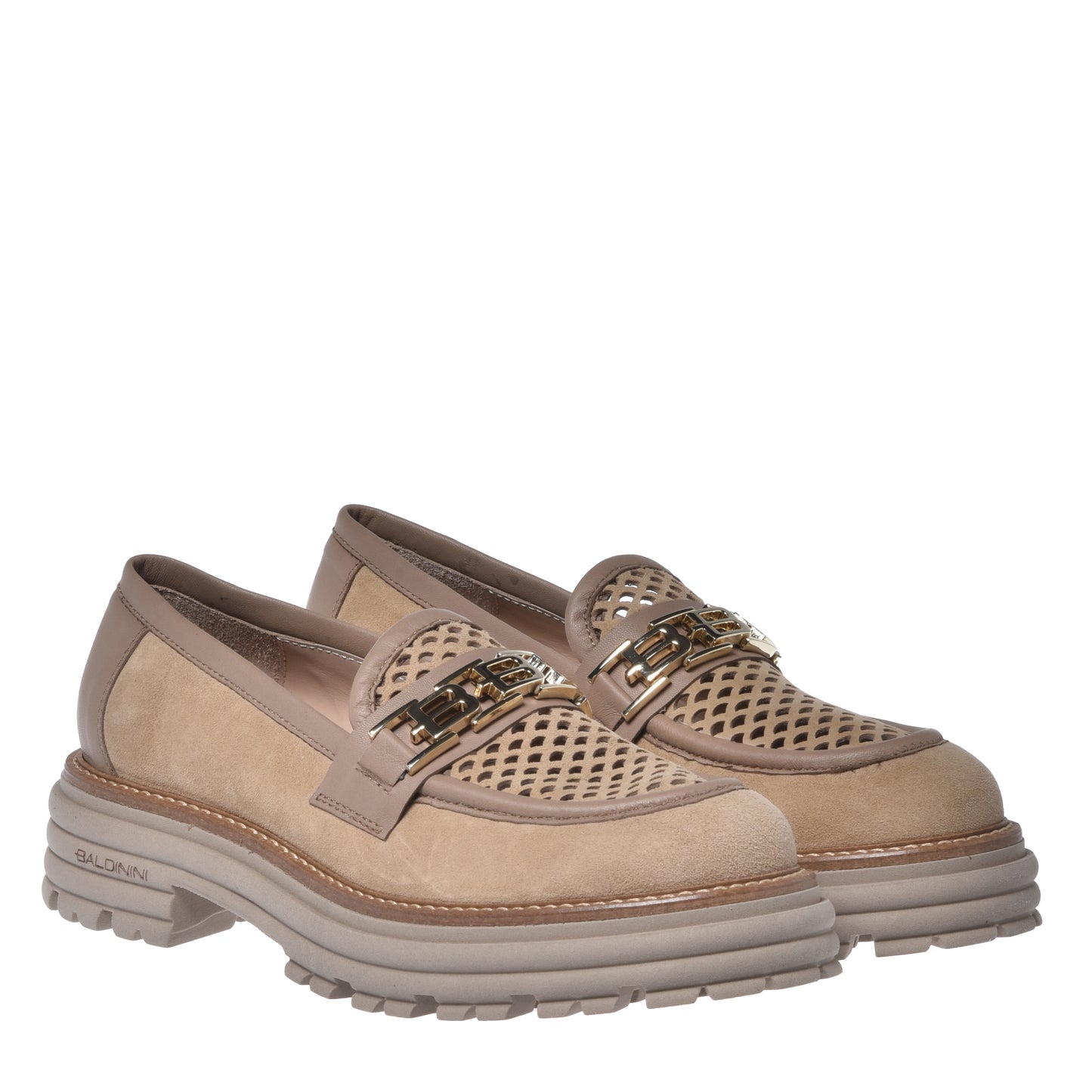 Mocassino in camoscio beige e camoscio traforato