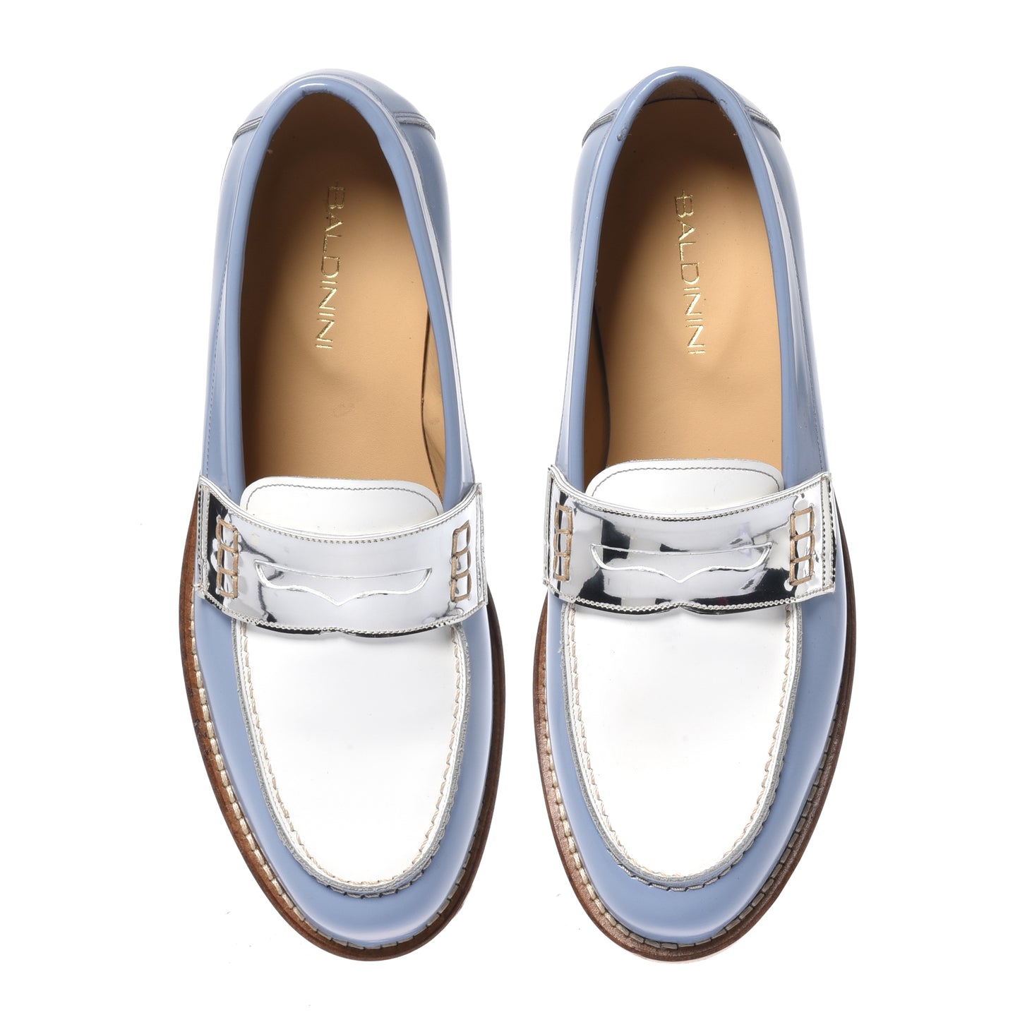 Mocassino in pelle spazzolata azzurra e pelle specchiata argento
