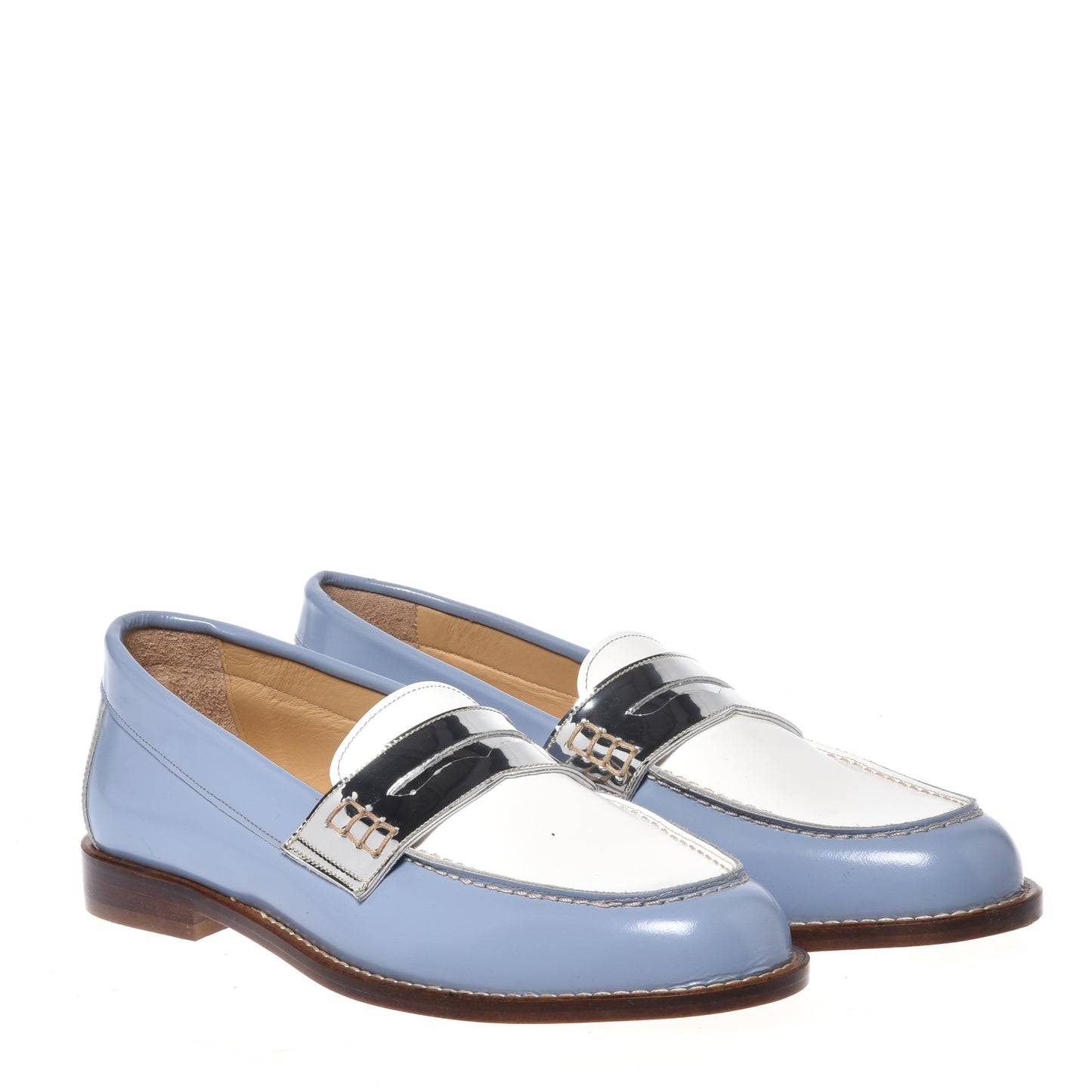 Mocassino in pelle spazzolata azzurra e pelle specchiata argento