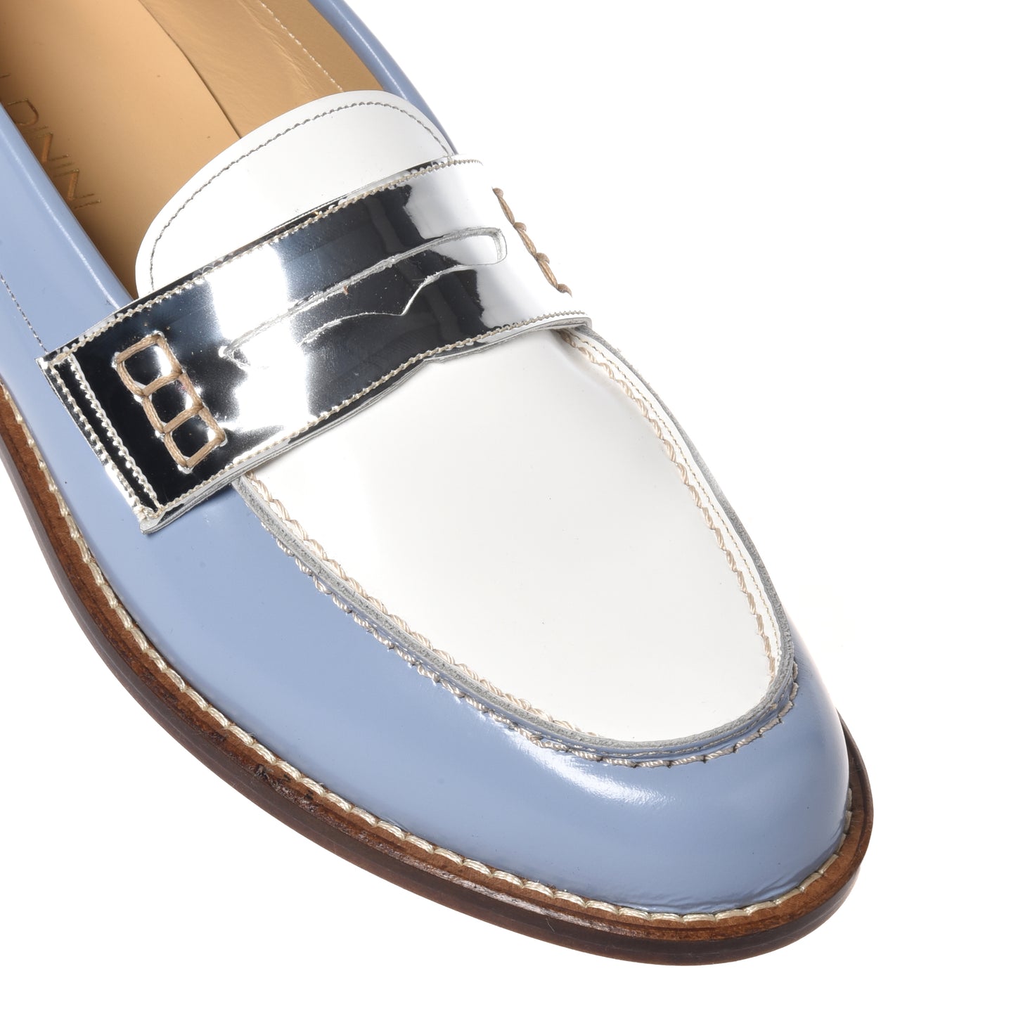 Mocassino in pelle spazzolata azzurra e pelle specchiata argento