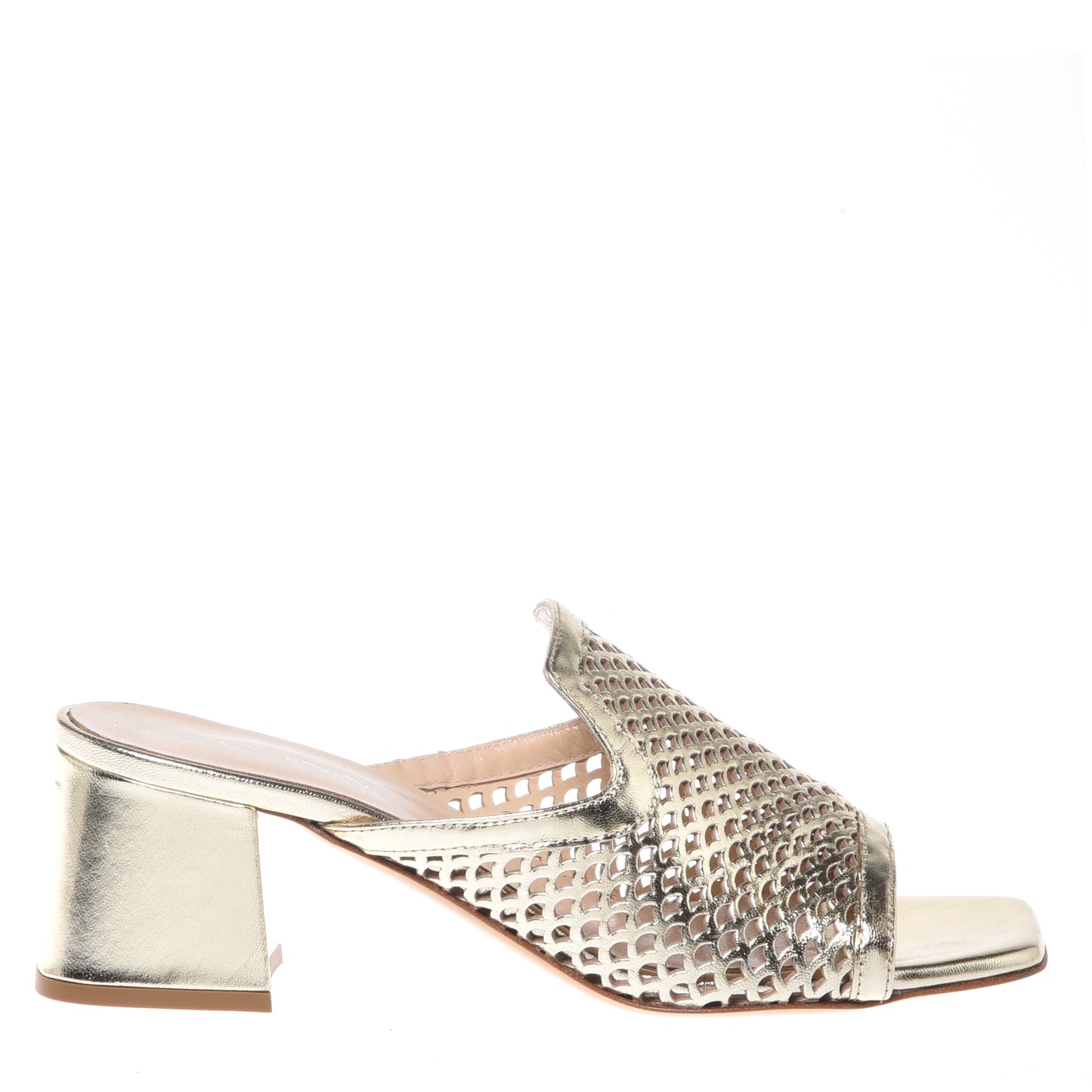 Light gold perforated laminated nappa mule