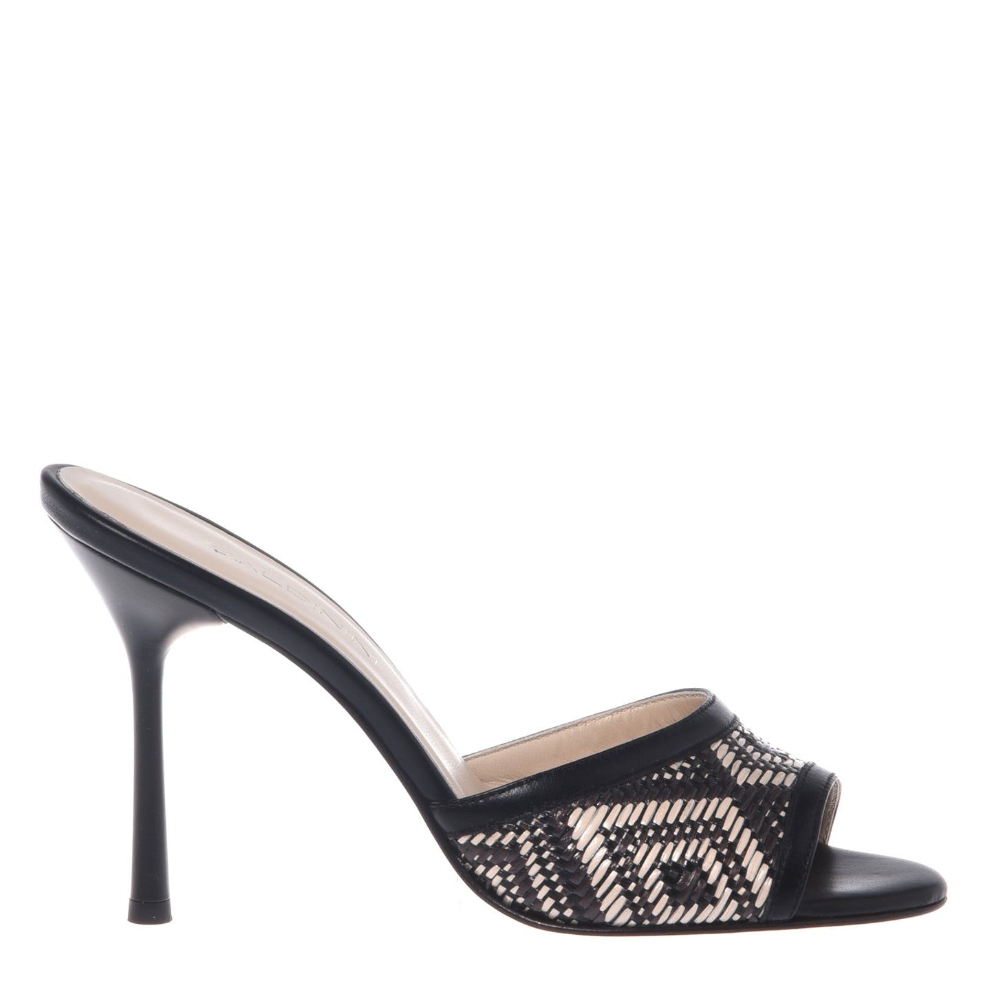 Mule en raphia noir et blanc cassé