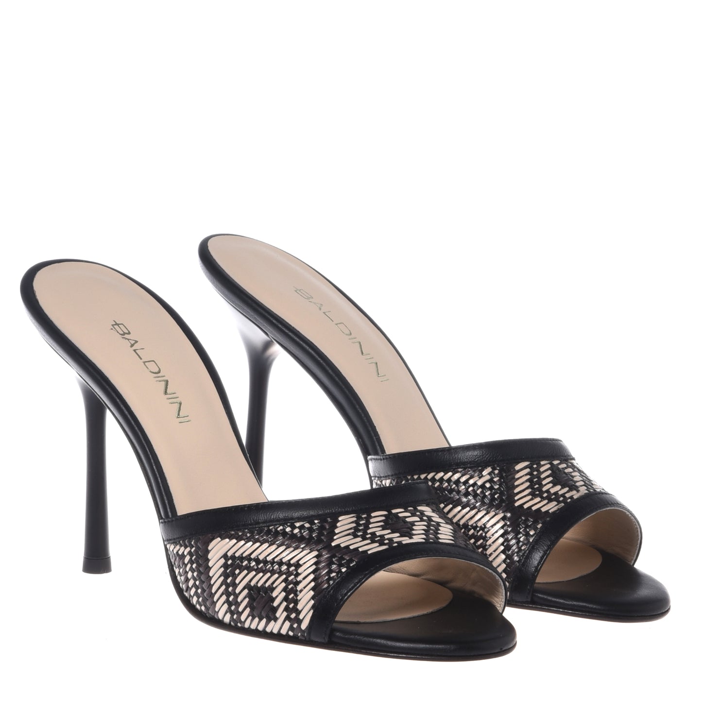 Mule en raphia noir et blanc cassé