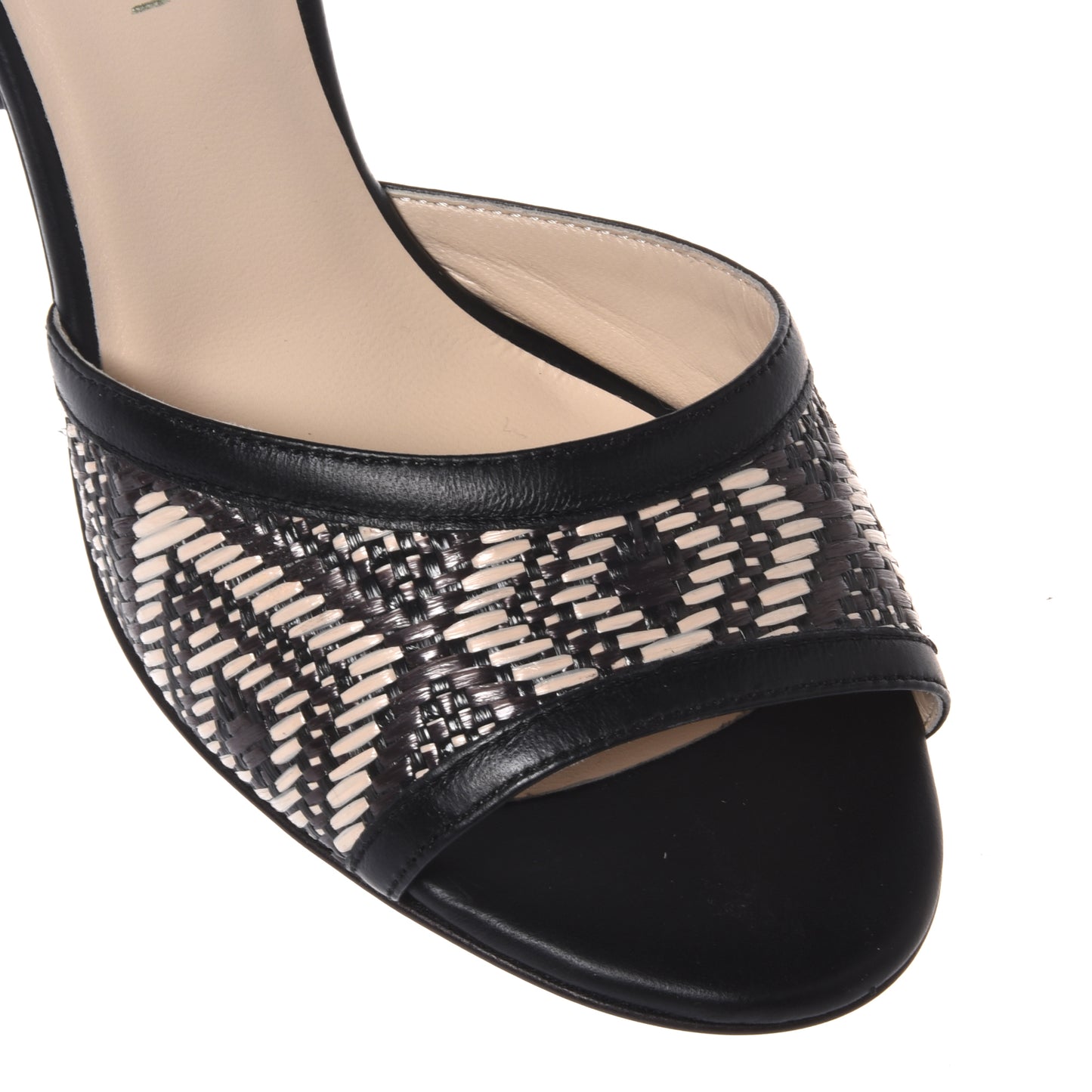 Mule en raphia noir et blanc cassé
