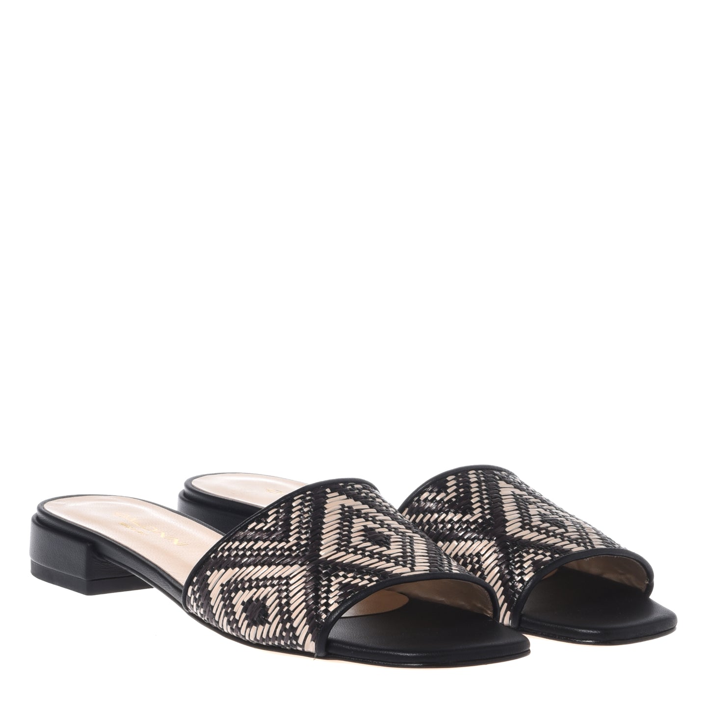 Mule en raphia noir et blanc cassé