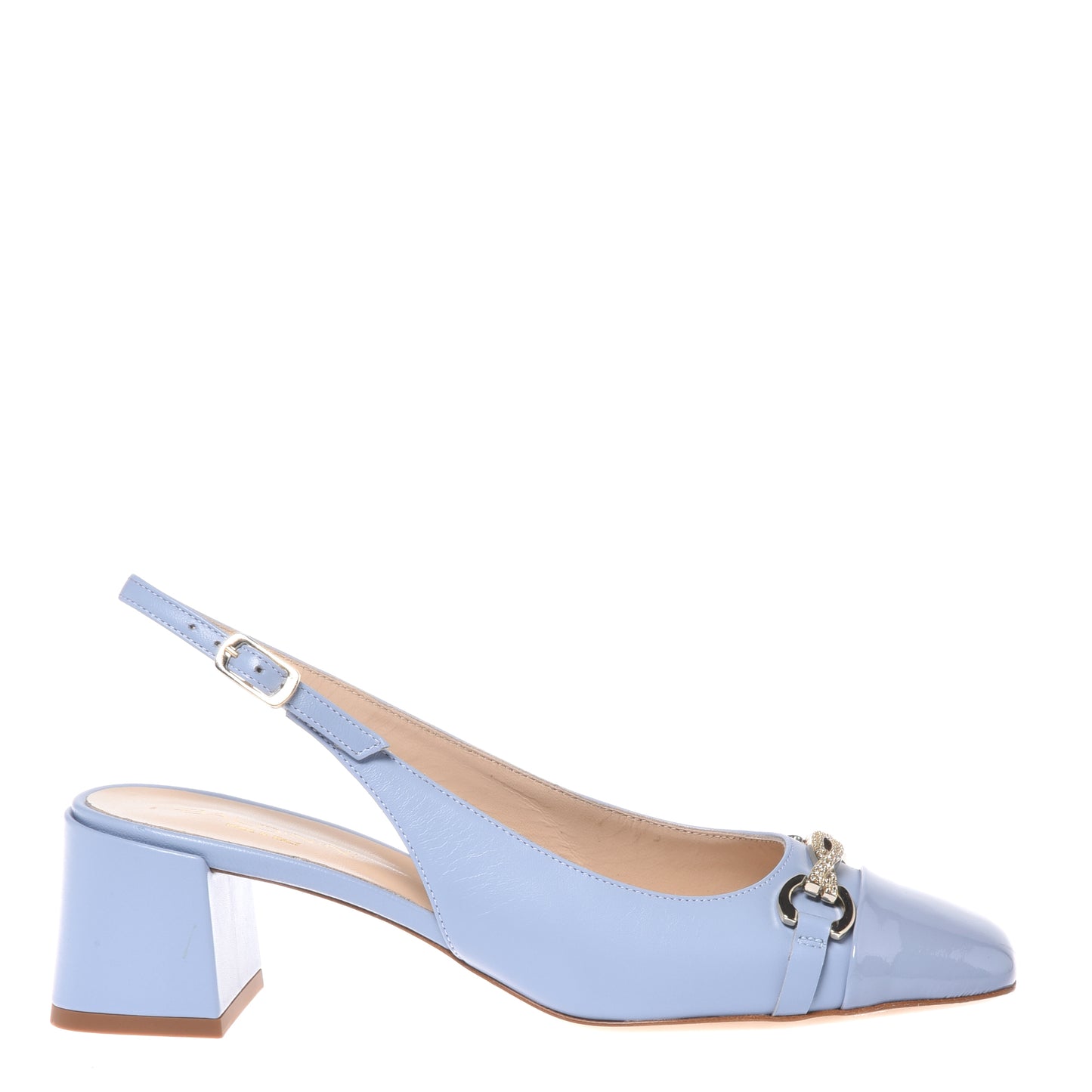 Slingback in light blue patent and nappa