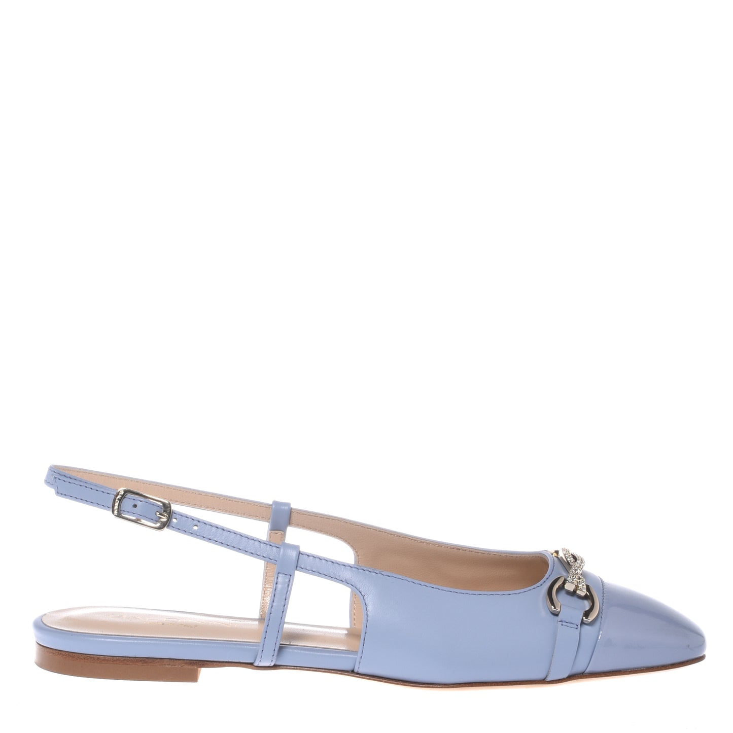 Slingback in light blue patent and nappa