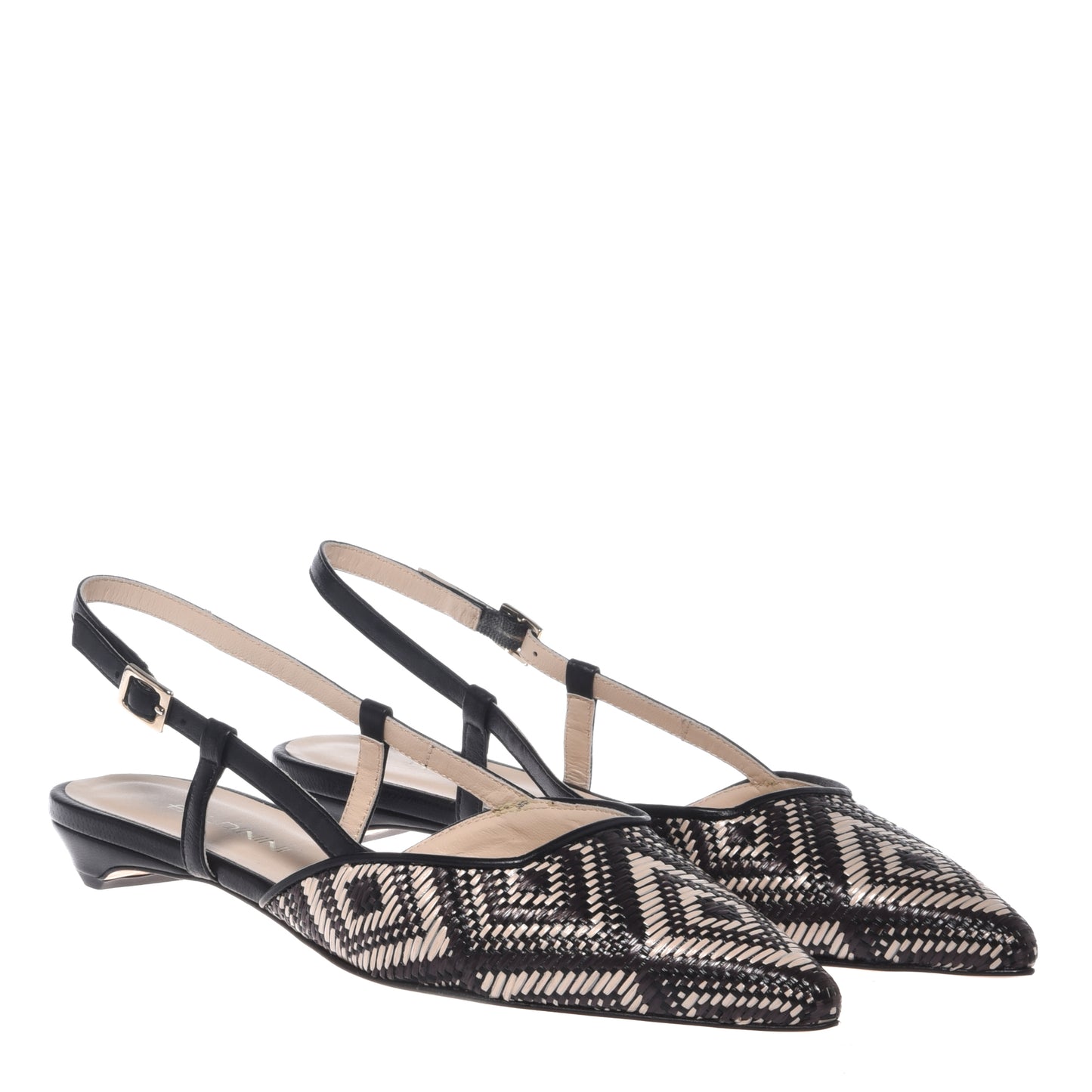 Slingback en raphia noir et blanc cassé