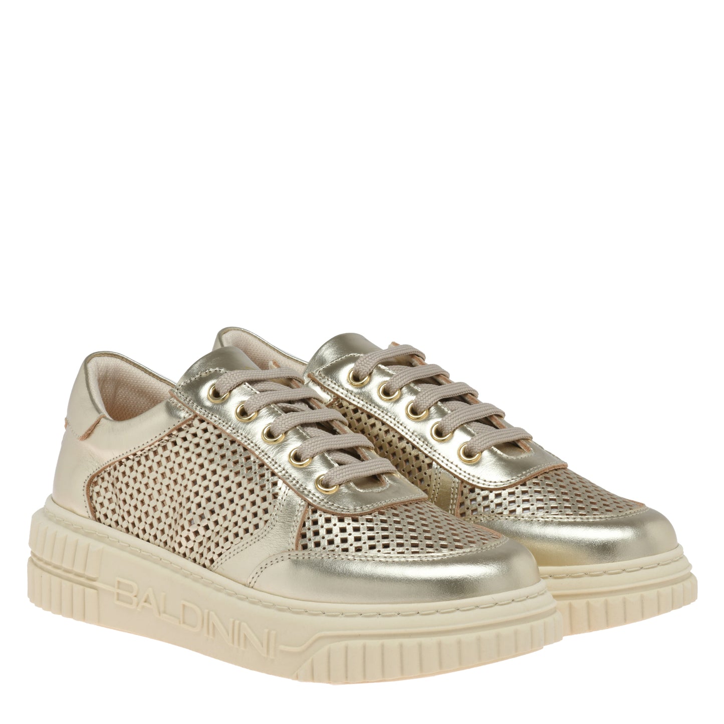 Perforated light gold laminated nappa leather sneaker