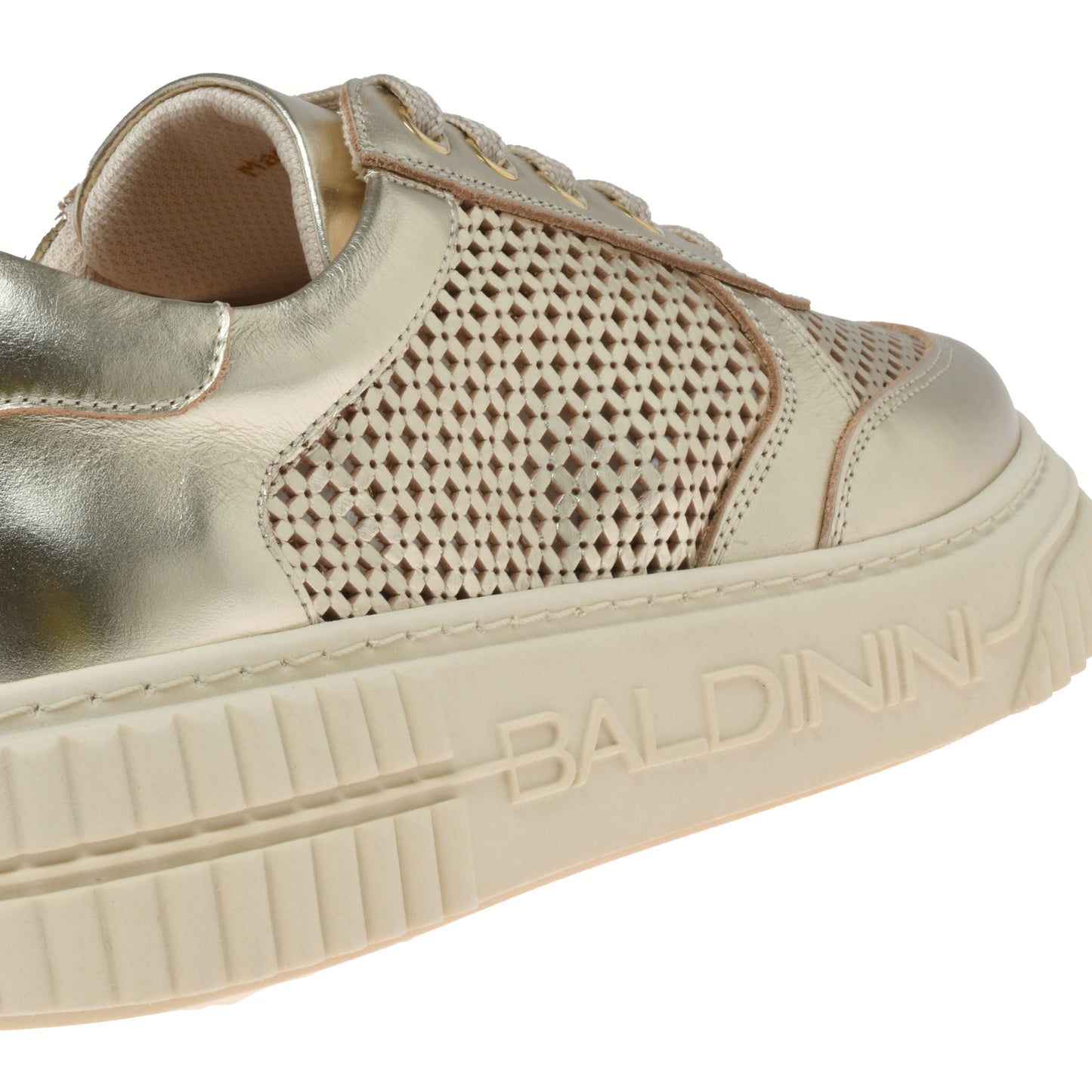 Perforated light gold laminated nappa leather sneaker