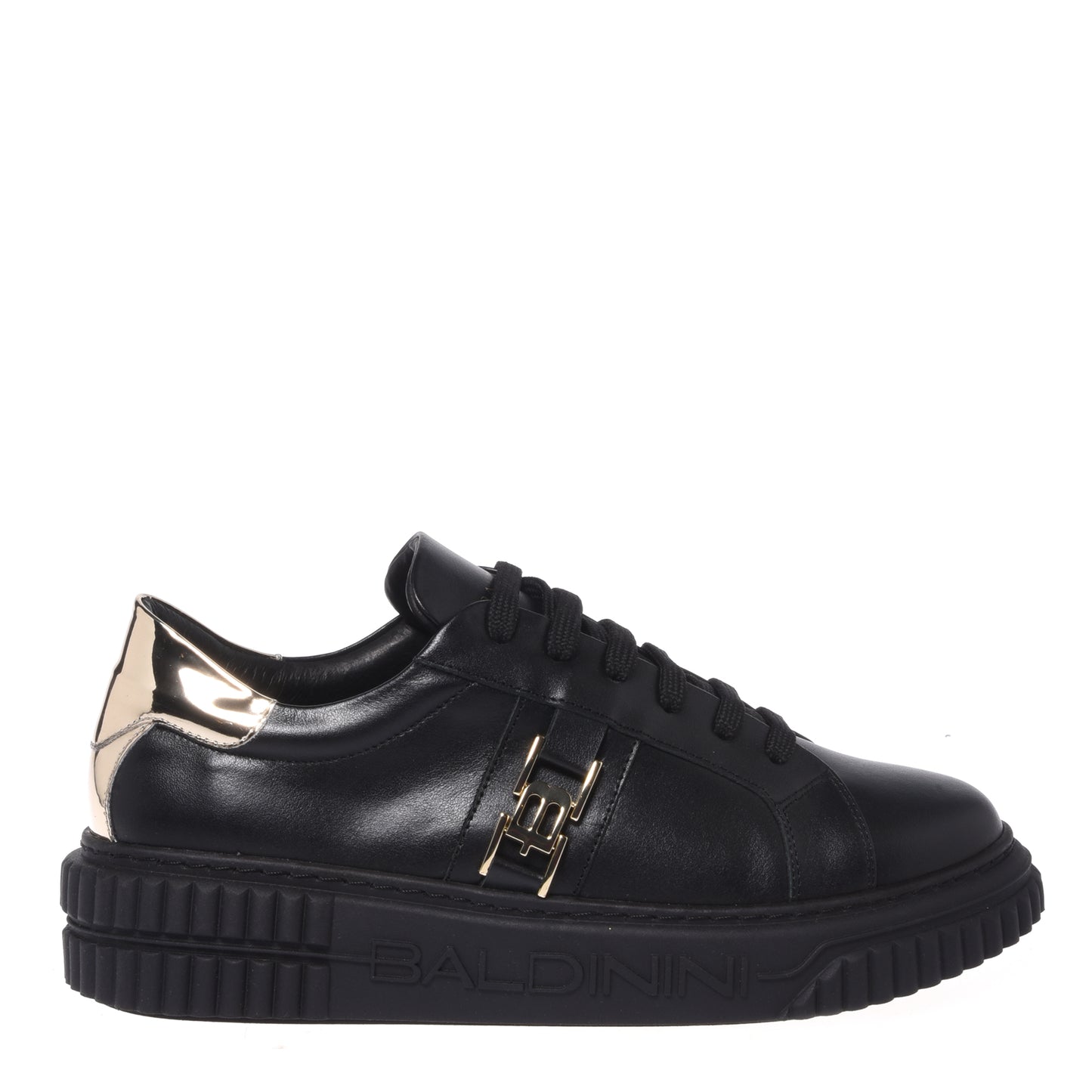 Sneaker en cuir noir et cuir miroir or clair
