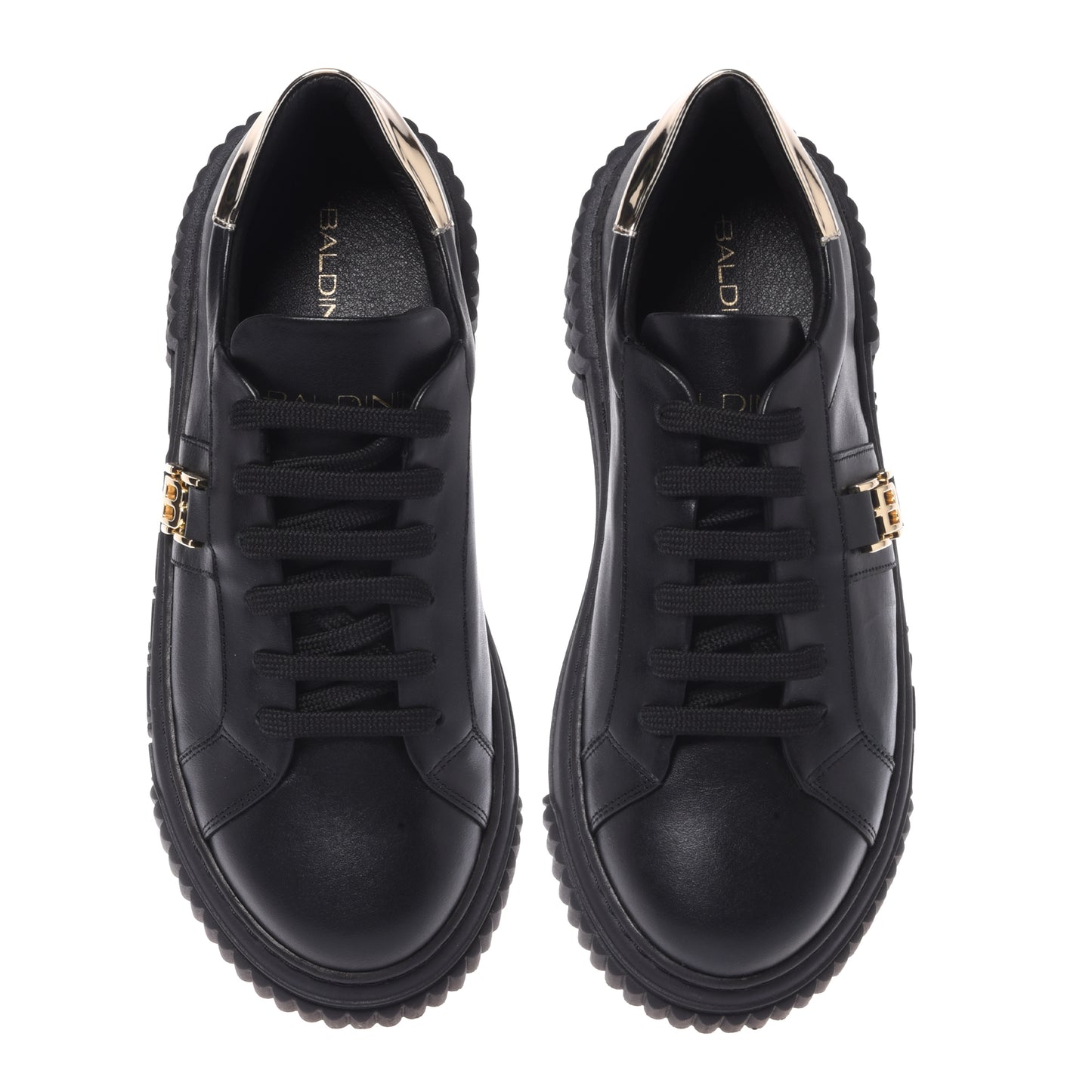 Sneaker en cuir noir et cuir miroir or clair