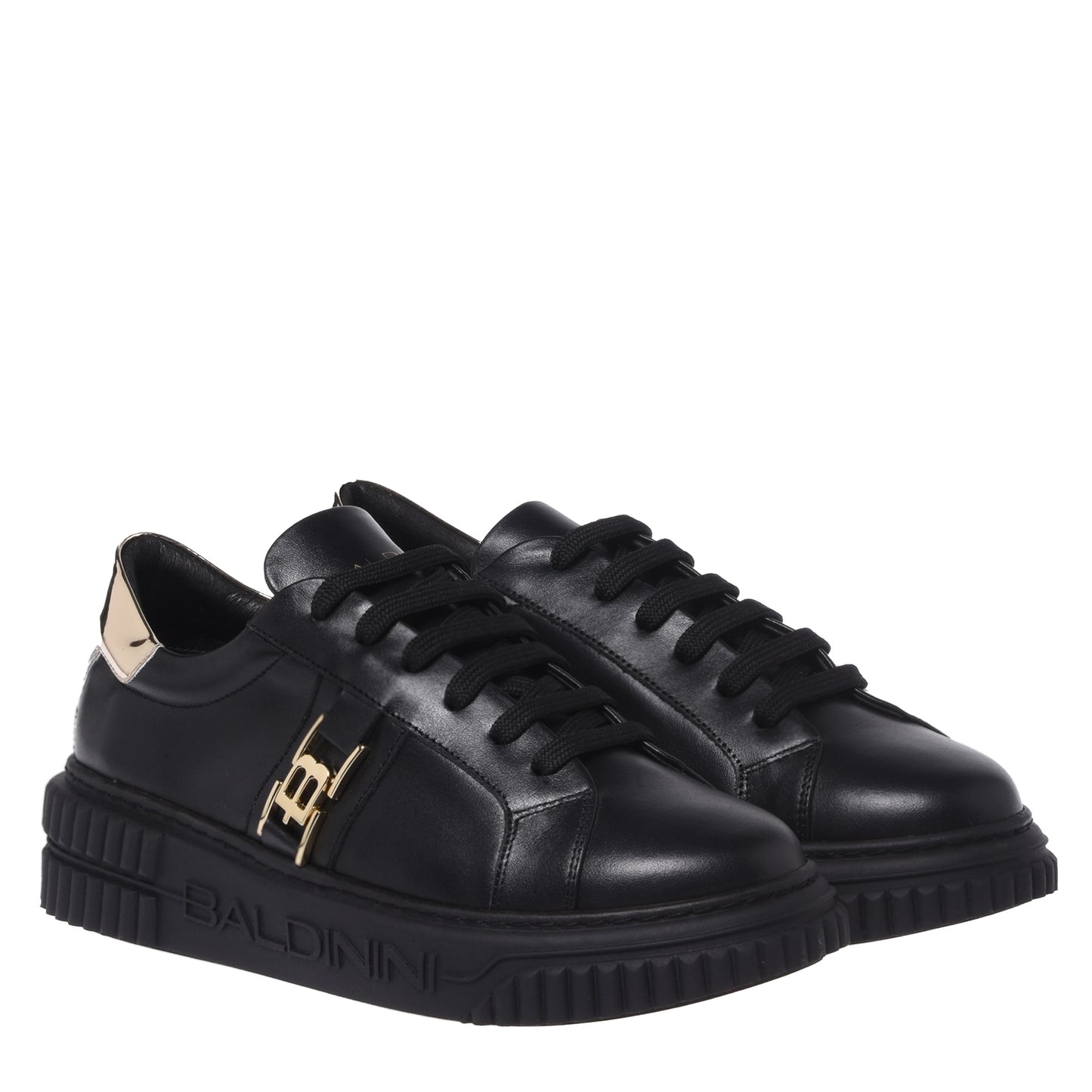 Sneaker en cuir noir et cuir miroir or clair