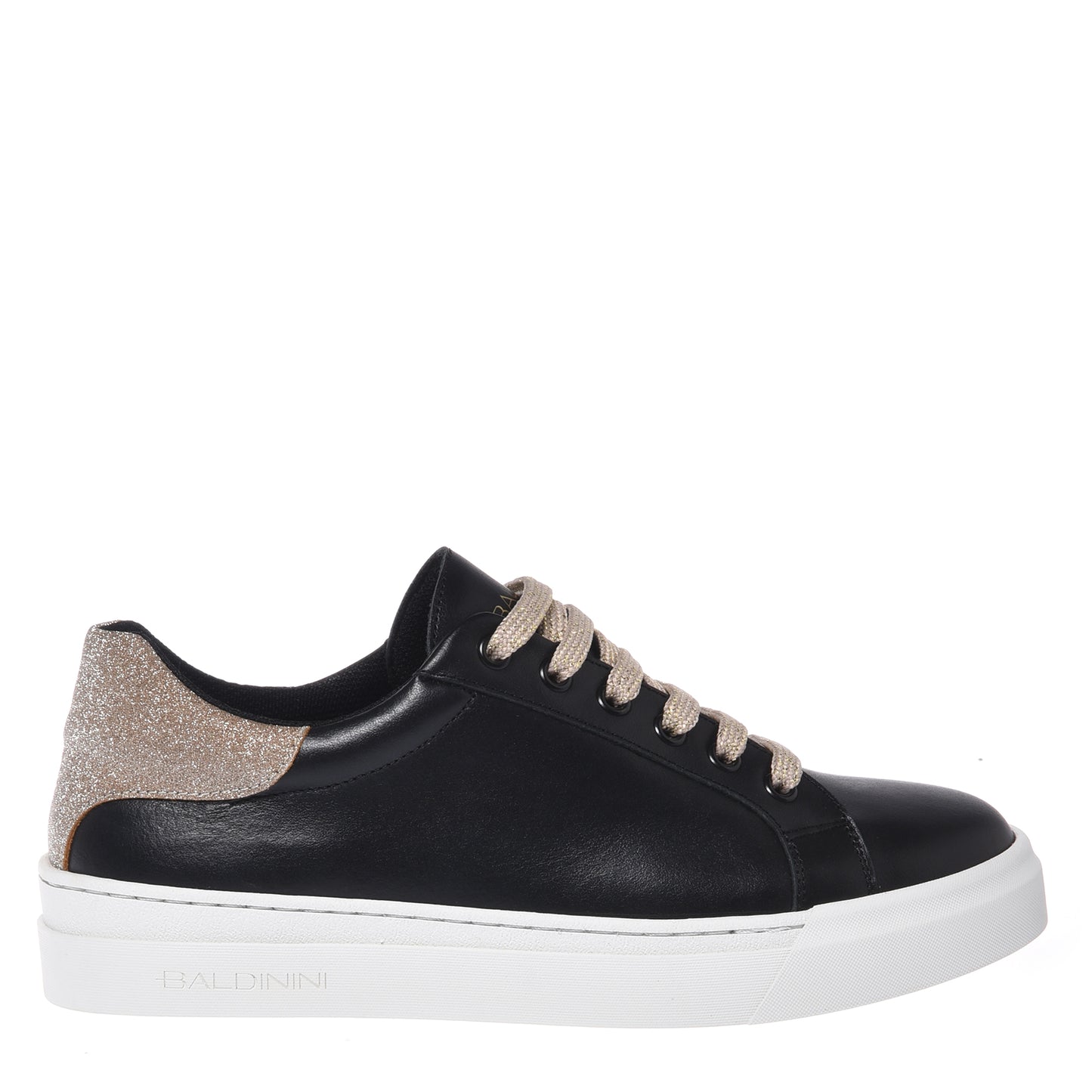Sneaker in pelle nera e glitter oro