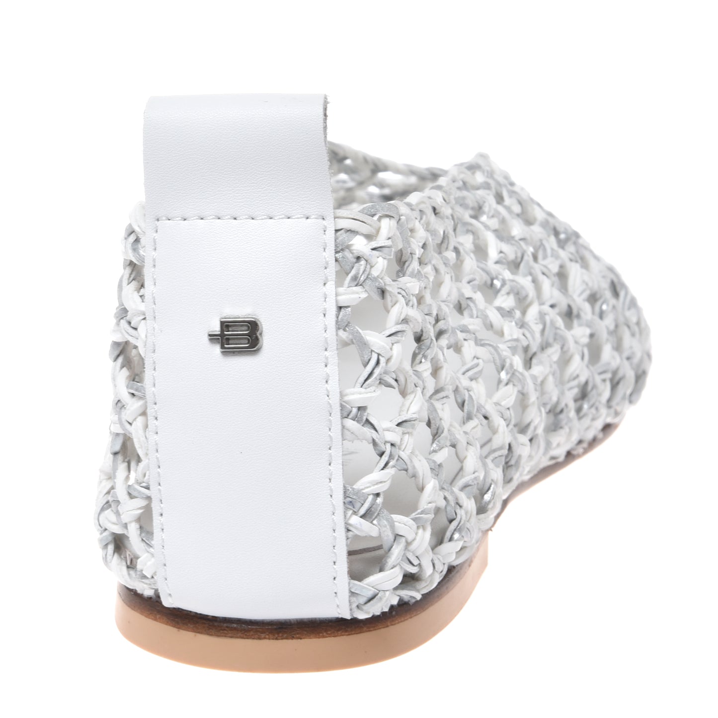 White and silver braided faux leather ballerina flats