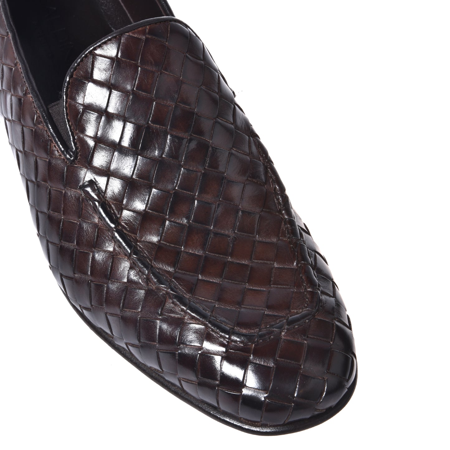 Dark brown woven leather moccasin