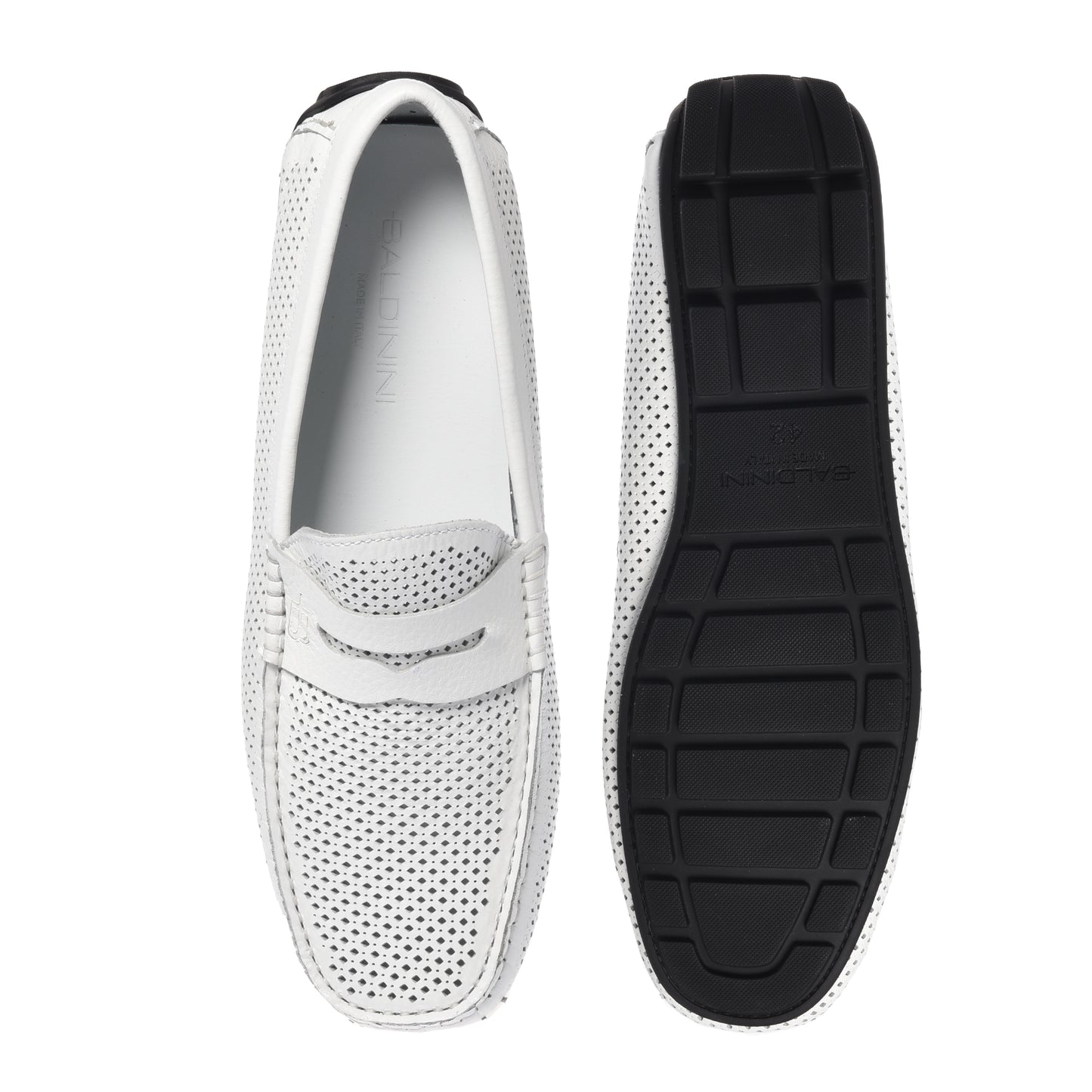 White perforated grained leather driver moccasin