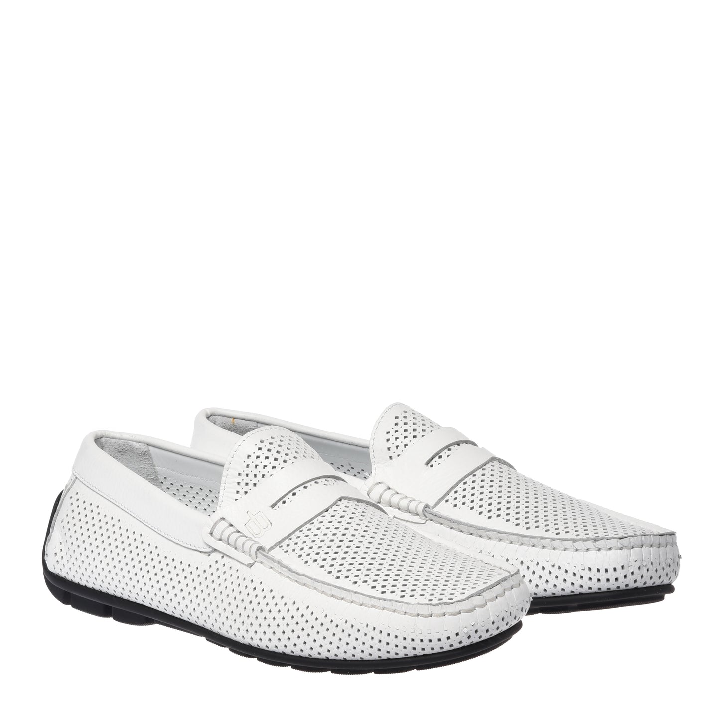 White perforated grained leather driver moccasin