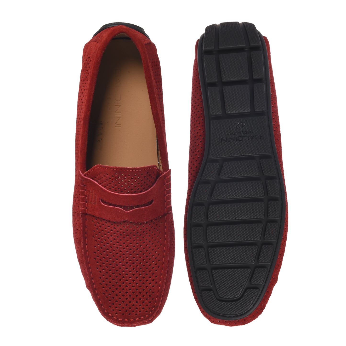 Red perforated suede driver moccasin