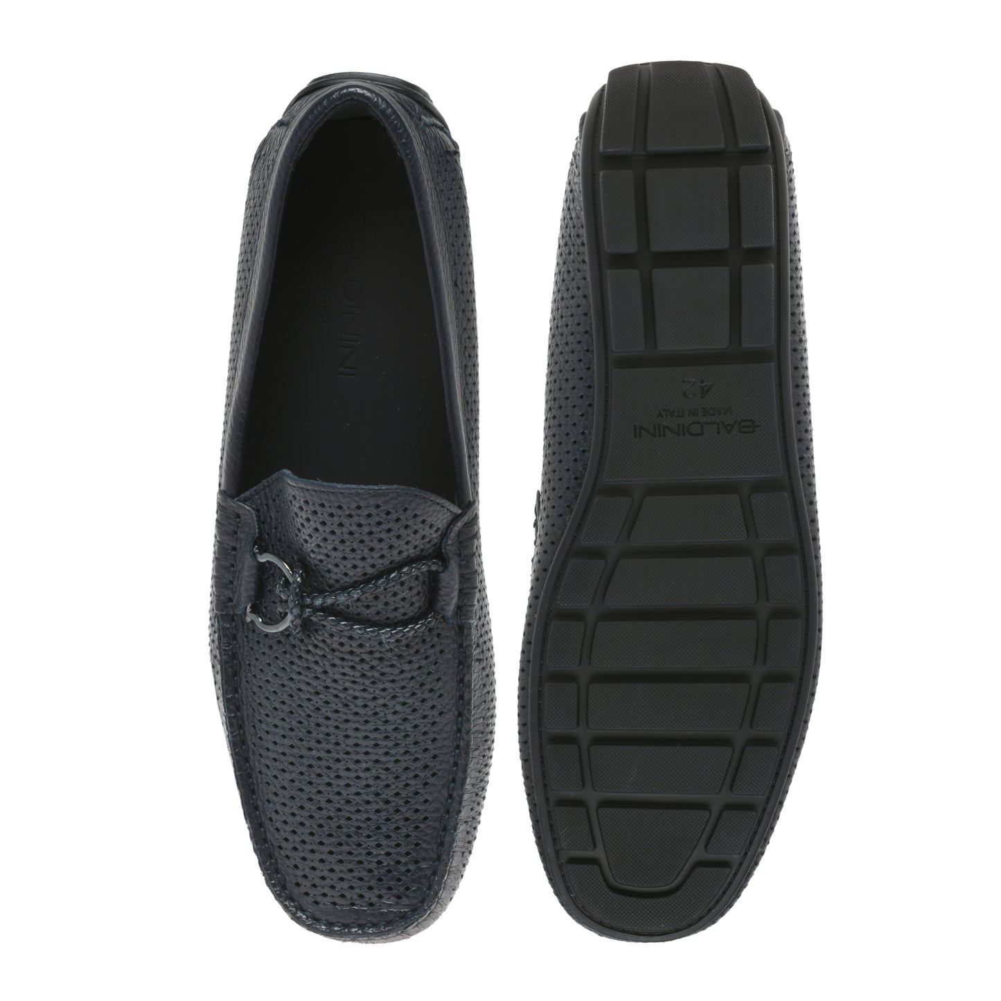 Blue perforated grained leather driver moccasin