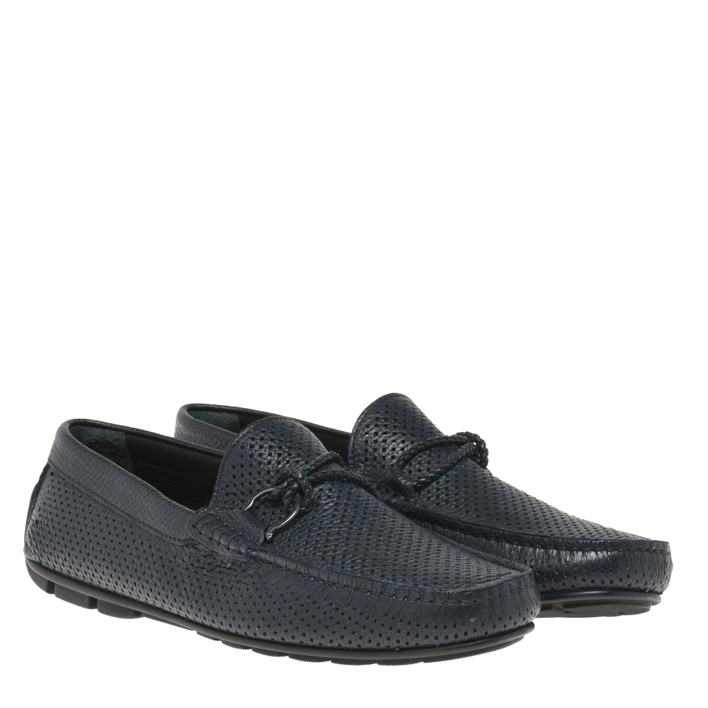 Blue perforated grained leather driver moccasin
