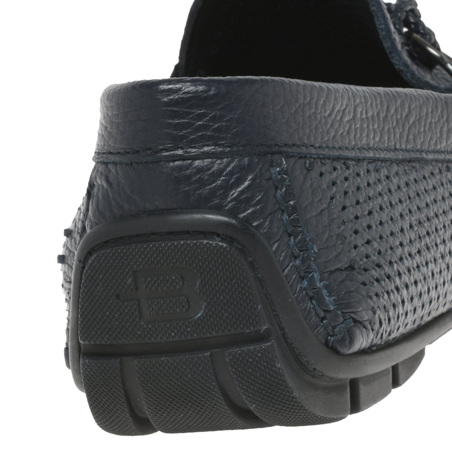 Blue perforated grained leather driver moccasin