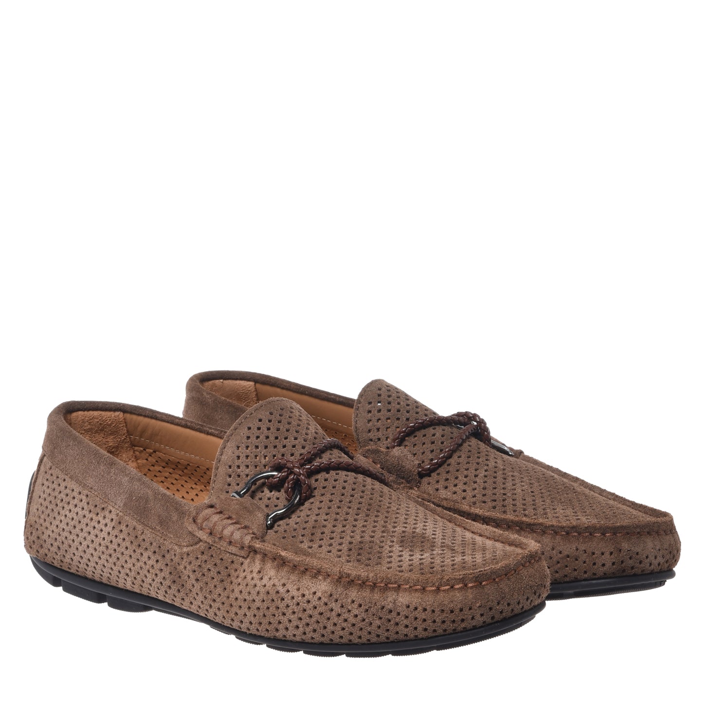 Brown perforated suede driver moccasin