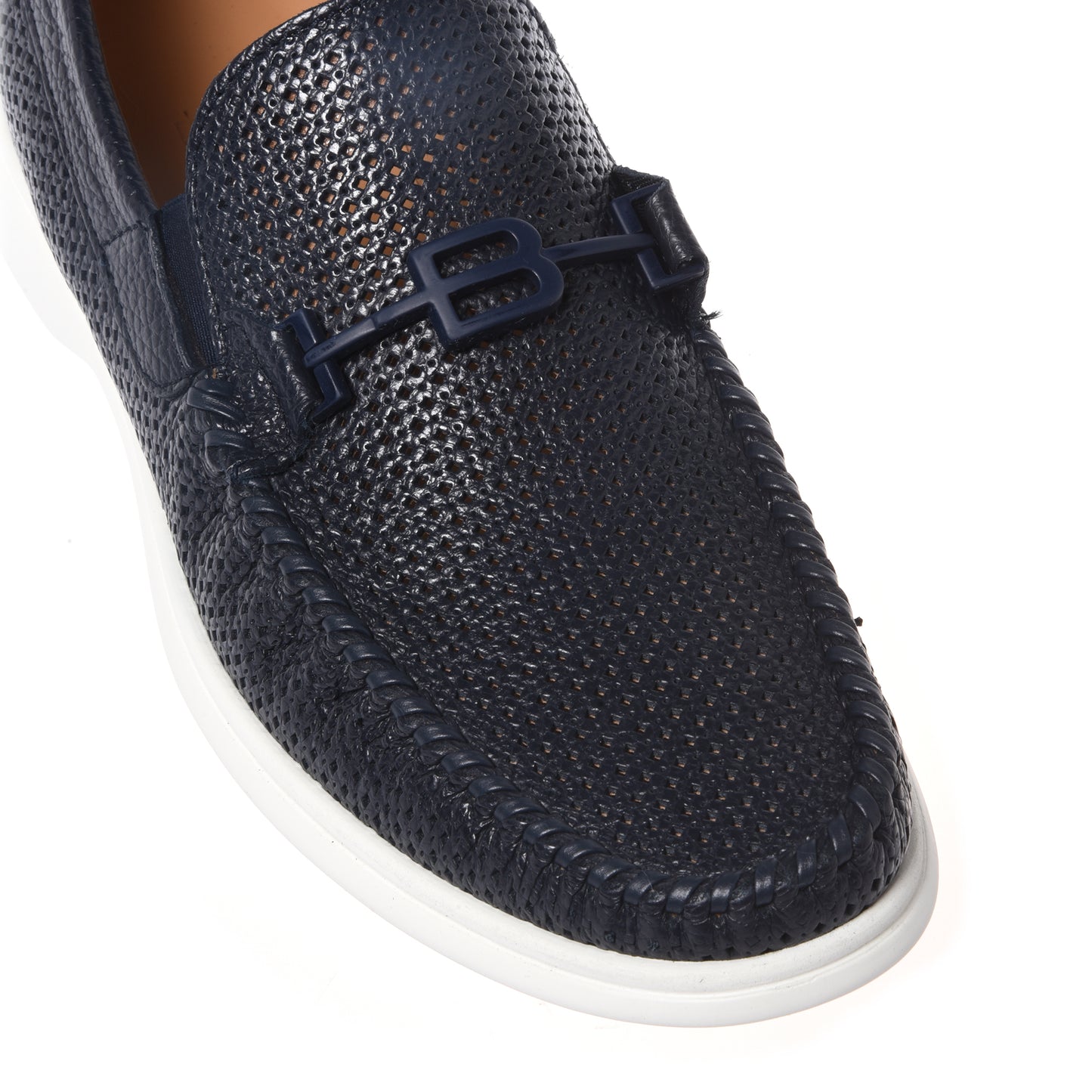 Dark blue perforated grained leather loafer