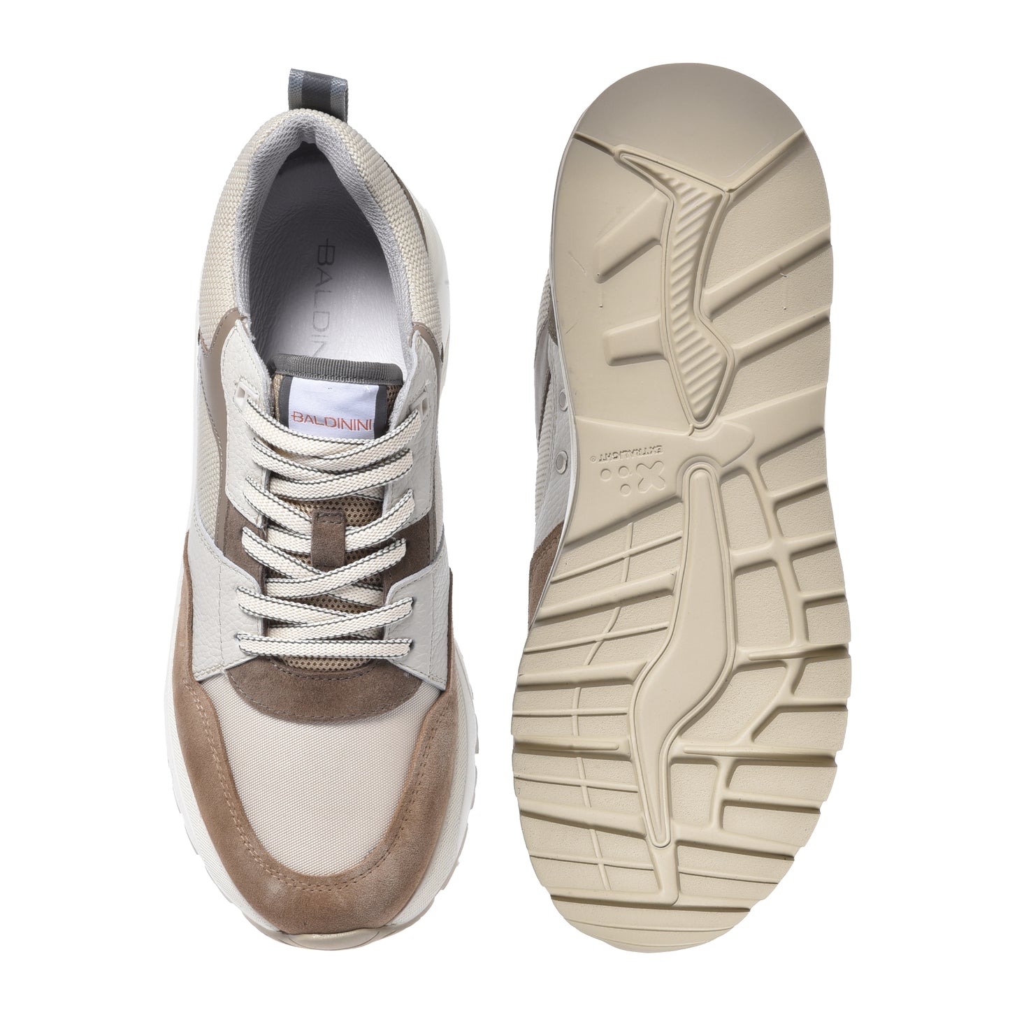 Beige suede and off-white fabric sneaker