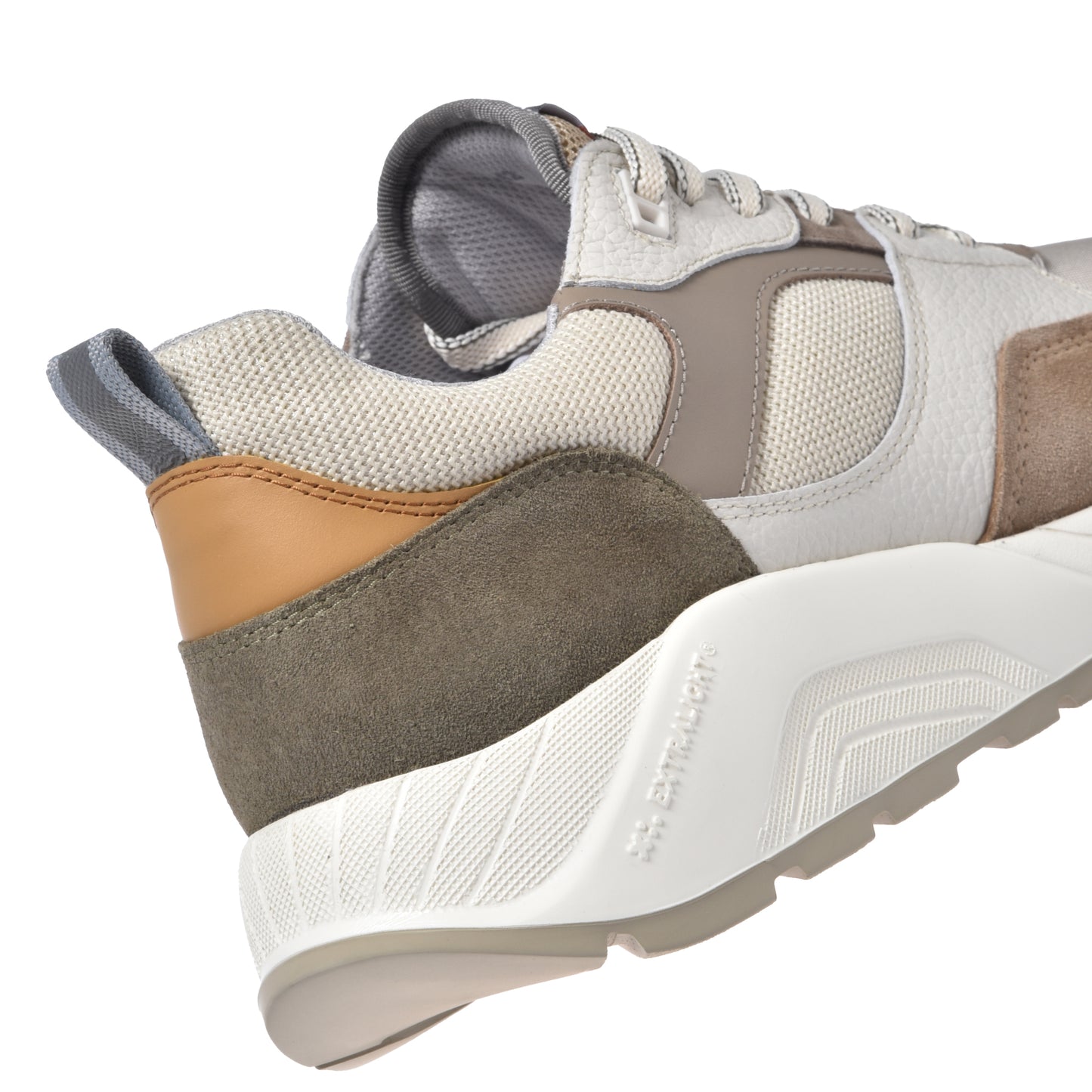 Beige suede and off-white fabric sneaker