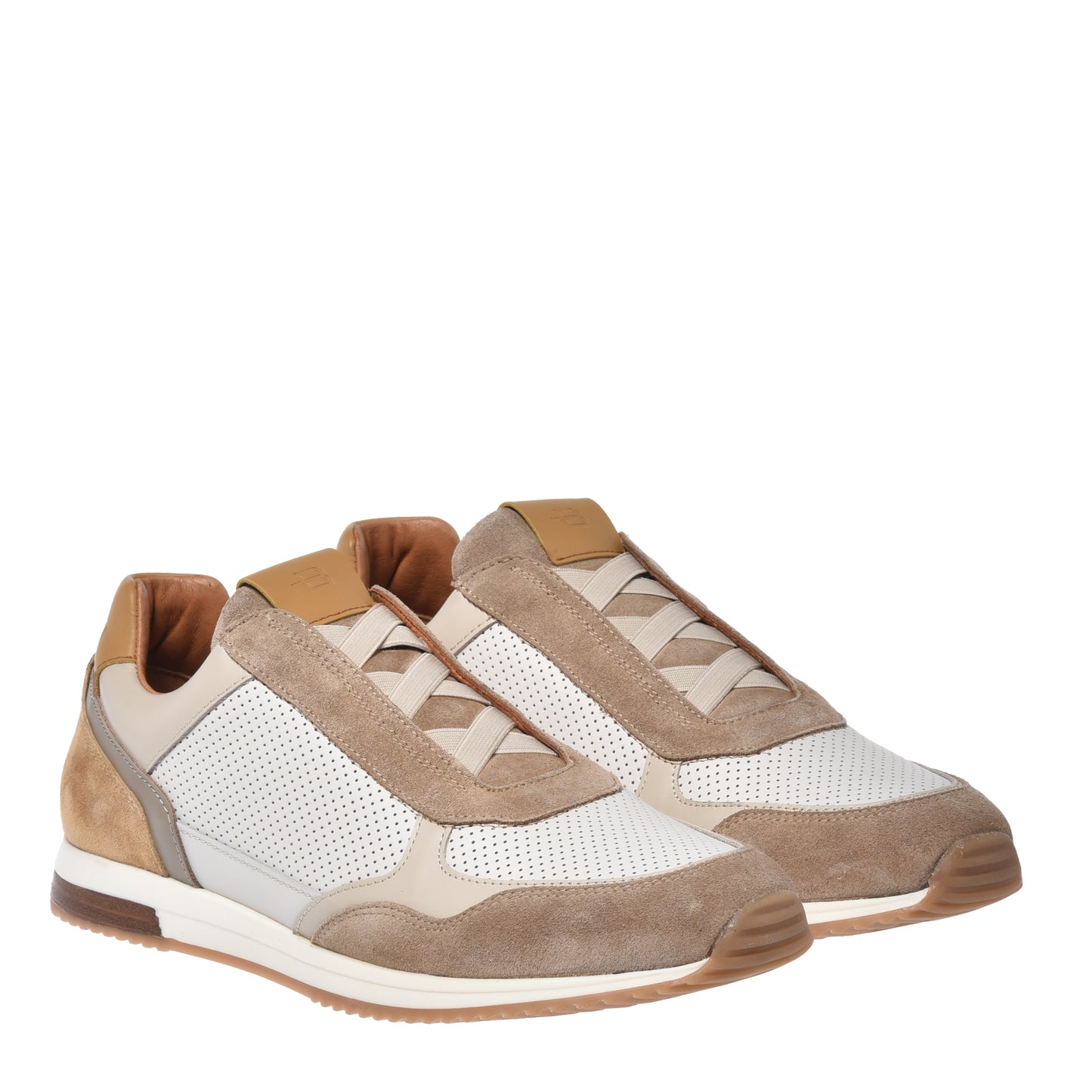 Beige suede and off-white perforated nappa sneaker