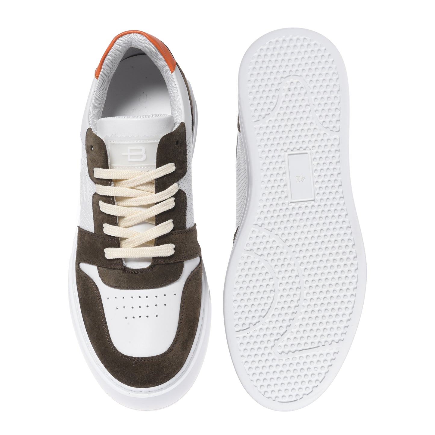 Olive green suede and white perforated leather sneaker