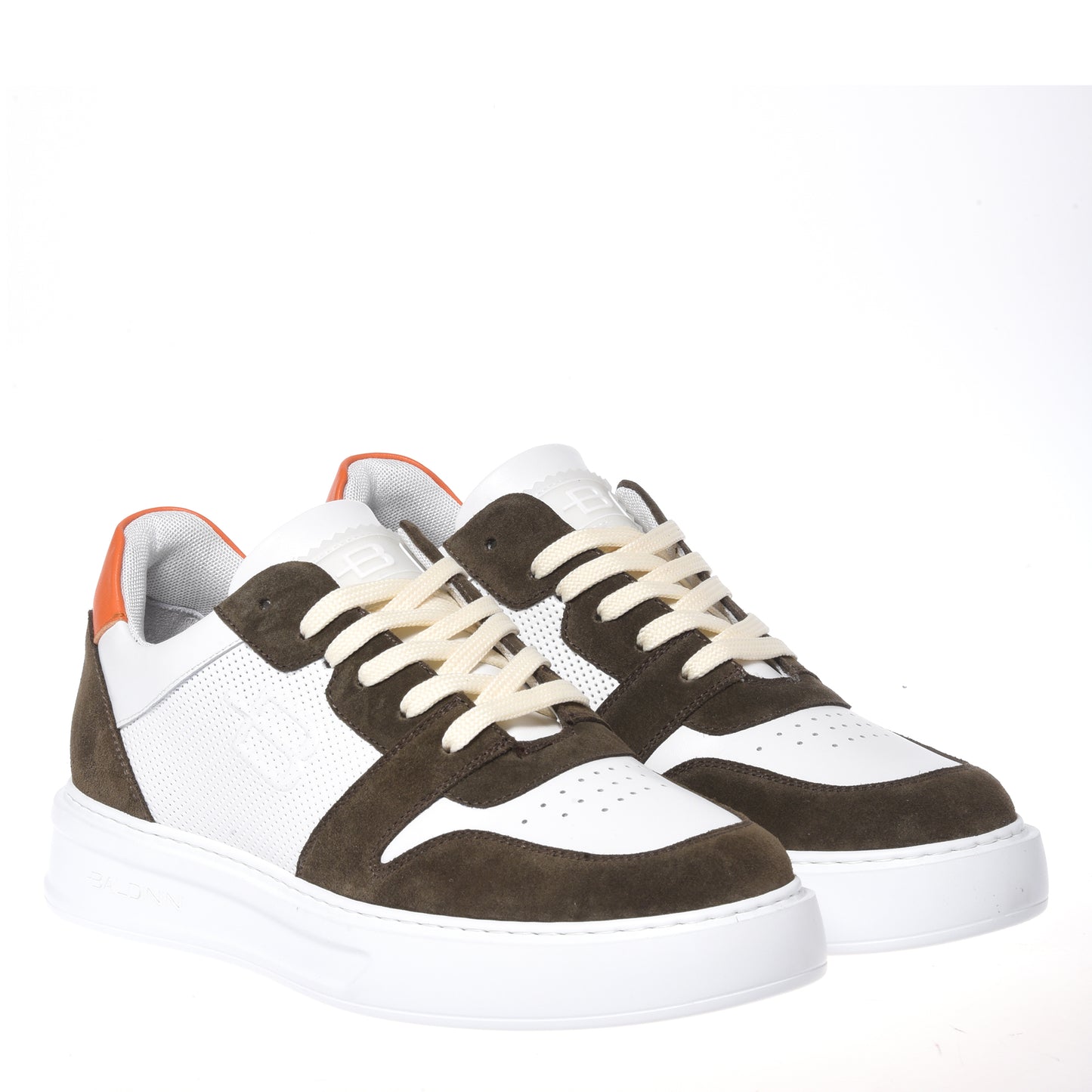 Olive green suede and white perforated leather sneaker