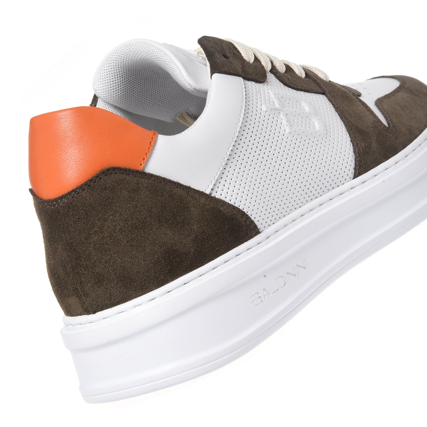 Olive green suede and white perforated leather sneaker