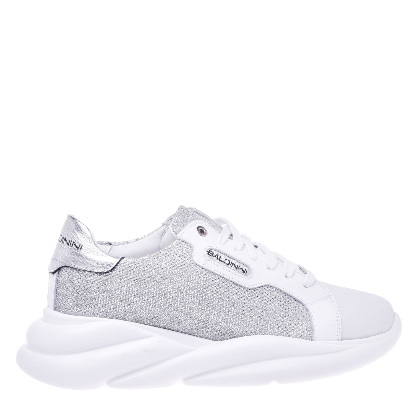 Sneakers in pelle di vitello e tessuto argento