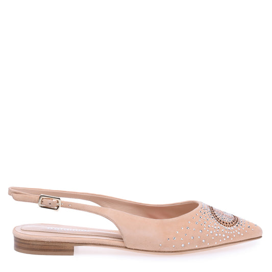 Ballerine slingback pour femme en daim couleur chair et strass