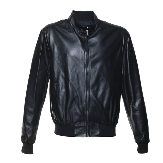 Veste réversible en cuir et tissu bleu