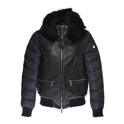 Veste en cuir et tissu nylon noir