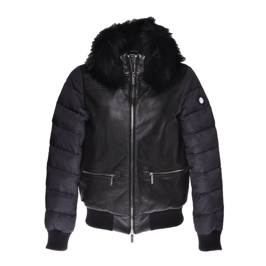 Veste en cuir et tissu nylon noir