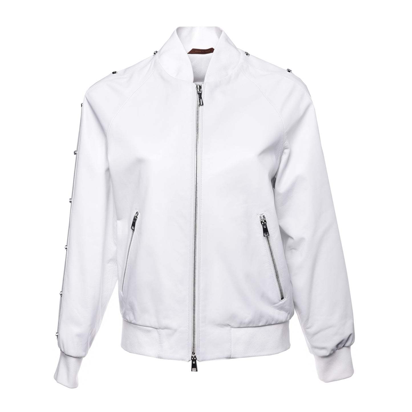 Bombers en cuir blanc et maxi strass