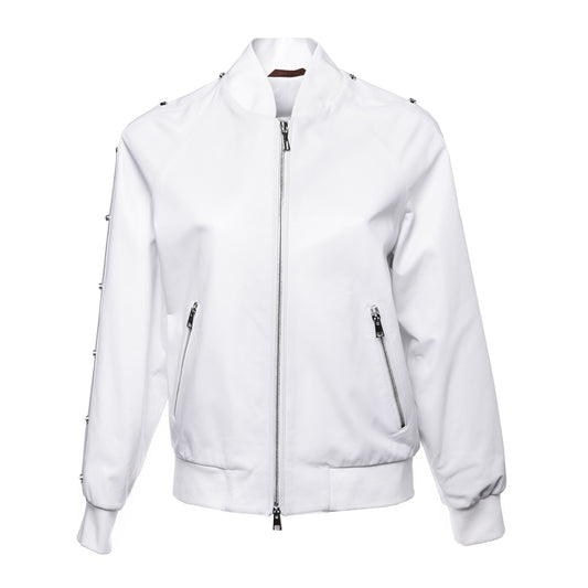 Bombers en cuir blanc et maxi strass