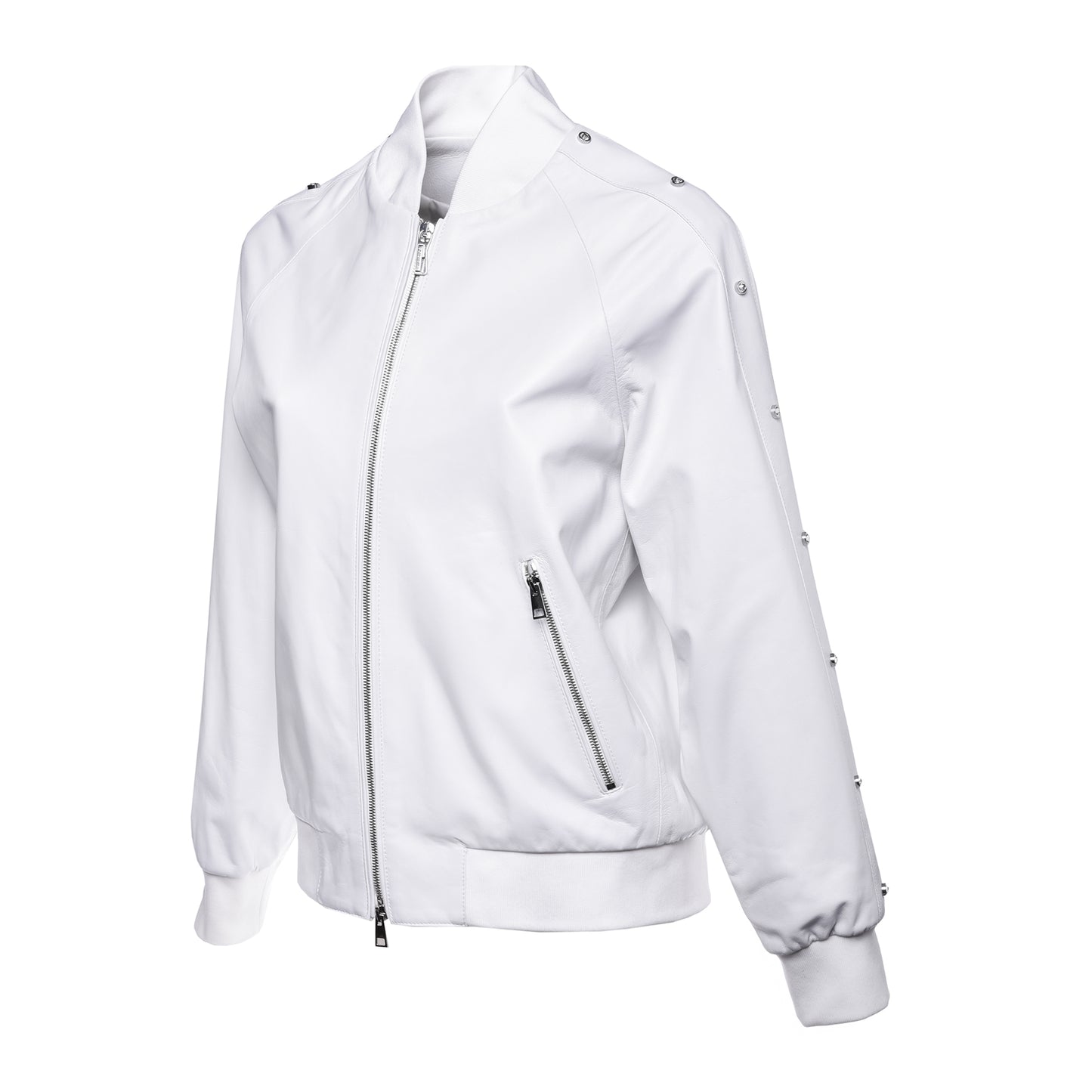 Bombers en cuir blanc et maxi strass
