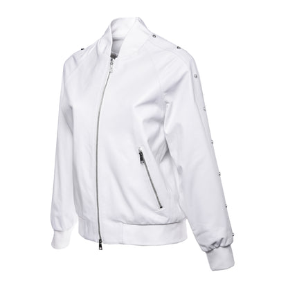 Bombers en cuir blanc et maxi strass