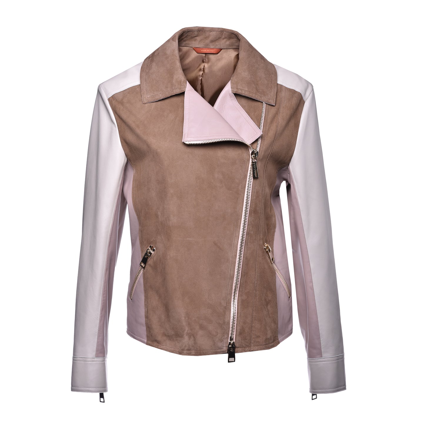 Blouson en daim taupe et cuir nappa crème