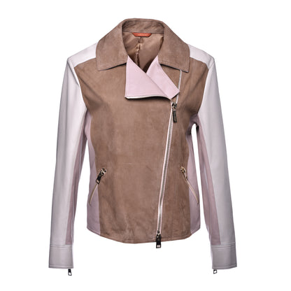 Blouson en daim taupe et cuir nappa crème