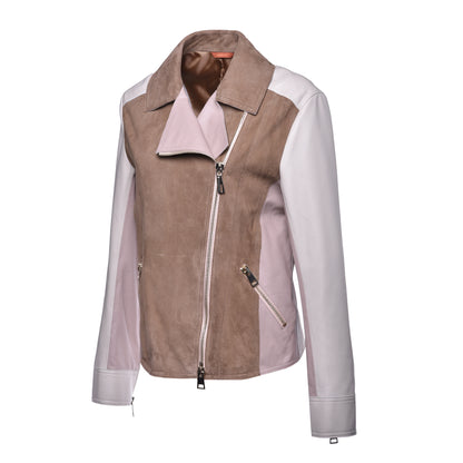 Blouson en daim taupe et cuir nappa crème
